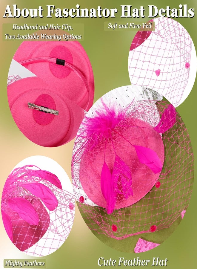 LOREMOW Fascinator for Women 20s 50s Hat with Veil Mesh Feathers Tea Party Hair Clip Fascinator and Lace Glove Hot Pink - Image 5